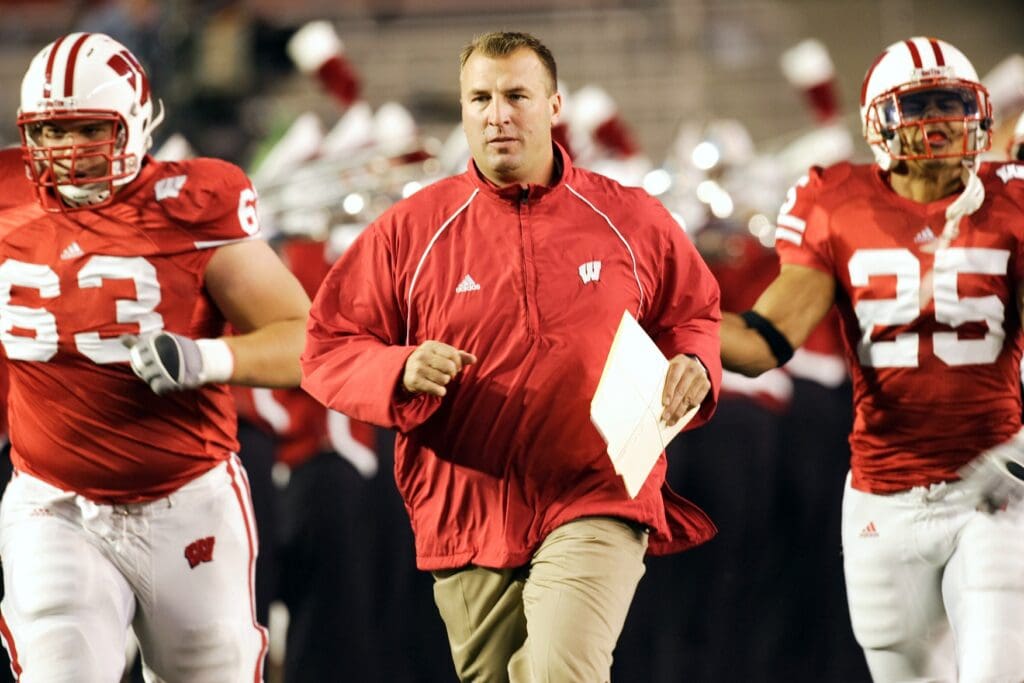 September 22, 2007; Madison, WI, USA; Wisconsin Badgers head coach Bret Bielema leads his team onto the field prior to the game against the Iowa Hawkeyes at Camp Randall Stadium. The Badgers defeated the Hawkeyes 17-13.