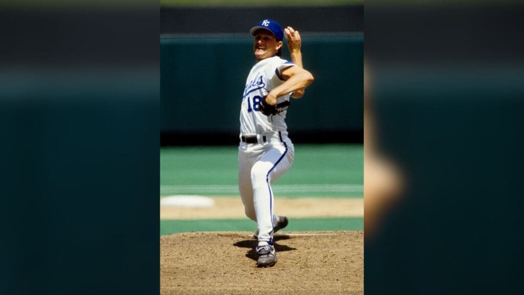 Jun 6, 1991; Kansas City, MO, USA; FILE PHOTO; Kansas City Royals pitcher Bret Saberhagen against the Texas Rangers at Dodger Stadium.