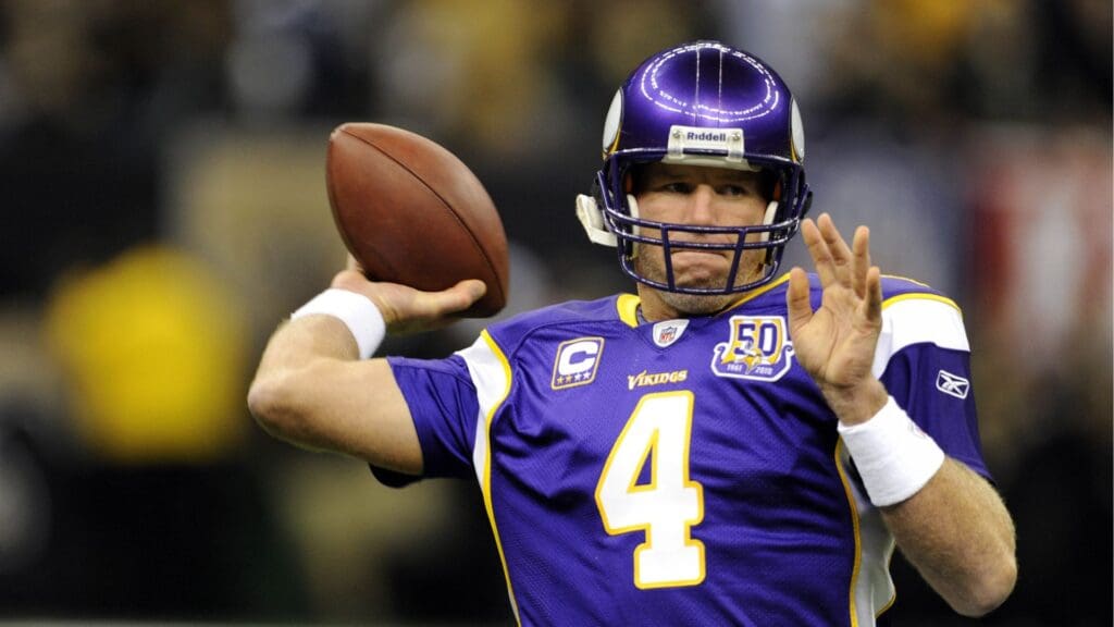 September 9, 2010; New Orleans, LA, USA; Minnesota Vikings quarterback Brett Favre (4) throws a pass during pregame warmups before their game against the New Orleans Saints at the Louisiana Superdome.