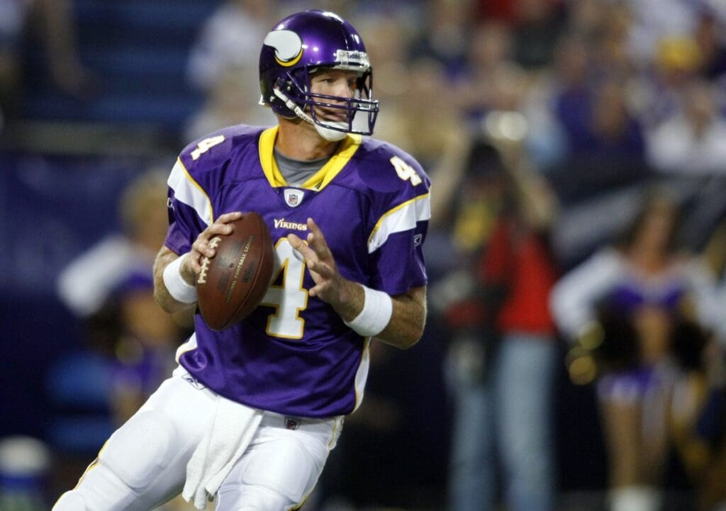 Aug 21, 2009; Minneapolis, MN, USA; Minnesota Vikings quarterback Brett Favre (4) drops back to pass during the preseason game against the Kansas City Chiefs at the Metrodome.