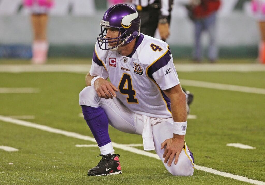 Oct 11, 2010; East Rutherford, NJ, USA; Minnesota Vikings quarterback Brett Favre (4) watches a pass fall incomplete during the second half of their game against the New York Jets at the New Meadowlands Stadium. The Jets defeated the Vikings 29-20.