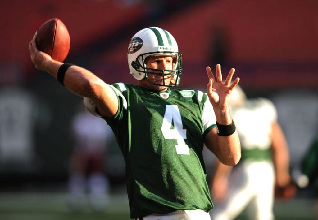Aug 16, 2008; East Rutherford, NJ, USA; New York Jets quarterback Brett Favre warms up before a preseason game against the Washington Redskins at Giants Stadium.