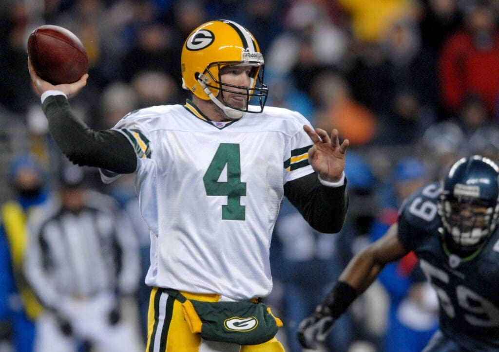 Nov. 27, 2006; Seattle, WA, USA; Green Bay Packers quarterback (4) Brett Favre throws against the Seattle Seahawks at Qwest Field in Seattle, Washington.