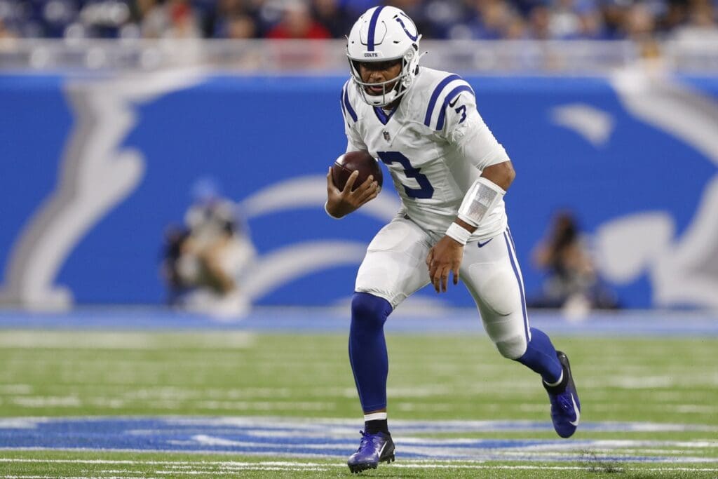 Aug 27, 2021; Detroit, Michigan, USA; Indianapolis Colts quarterback Brett Hundley (3) runs the ball during the fourth quarter against the Detroit Lions at Ford Field.