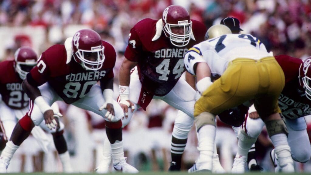 Sep 6, 1986; Norman, OK, USA FILE PHOTO; Oklahoma Sooners linebacker Brian Bosworth (44) in action against the UCLA Bruins at Memorial Stadium