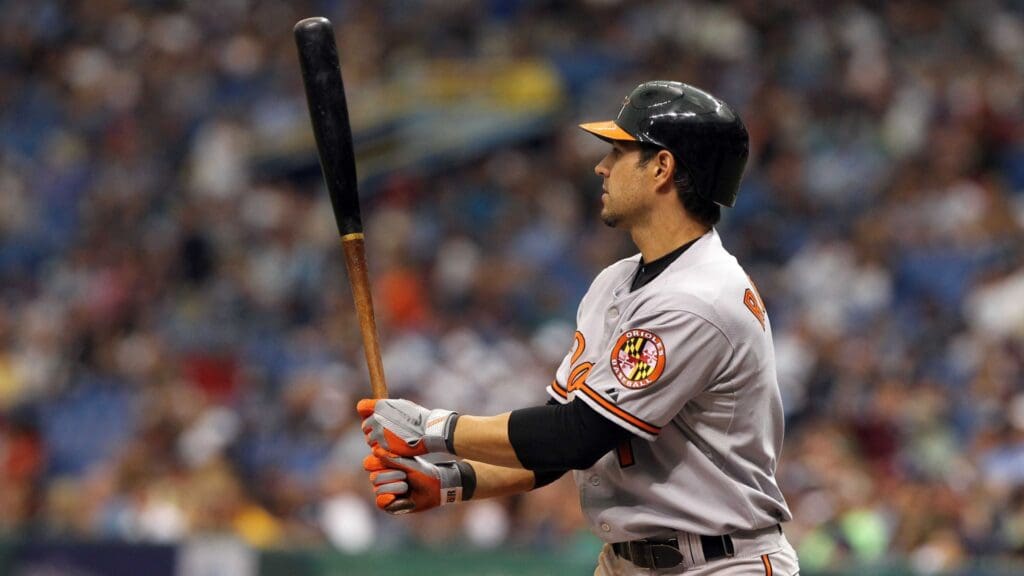 May 15, 2011; St. Petersburg, FL, USA; Baltimore Orioles second baseman Brian Roberts (1) at bat during the game against the Tampa Bay Rays at Tropicana Field.