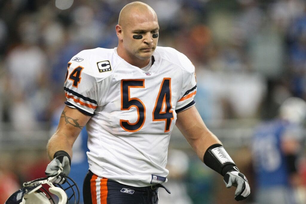 Sep 30, 2007; Detroit, MI, USA; Chicago Bears linebacker (54) Brian Urlacher reacts after the Bears' defense failed to hold the Detroit Lions' offense late in the game at Ford Field in Detroit, MI. The Lions beat the Bears 37-27.