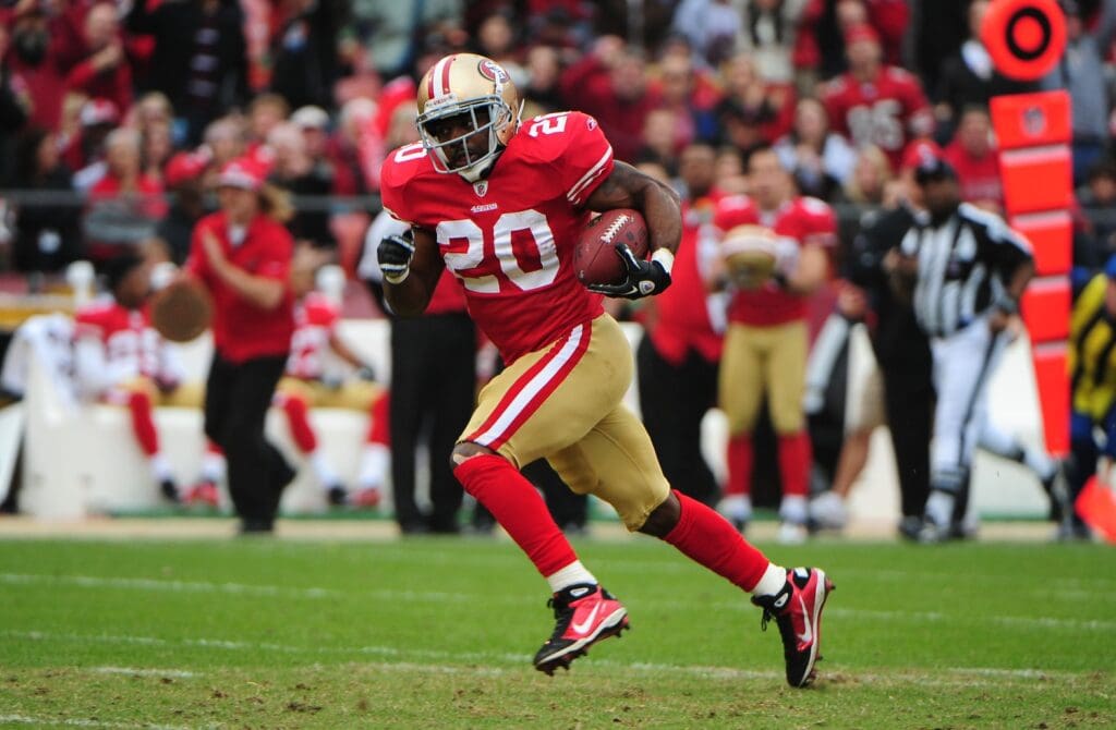 December 12, 2010; San Francisco, CA, USA; San Francisco 49ers running back Brian Westbrook (20) scores a touchdown during the second quarter against the Seattle Seahawks at Candlestick Park.