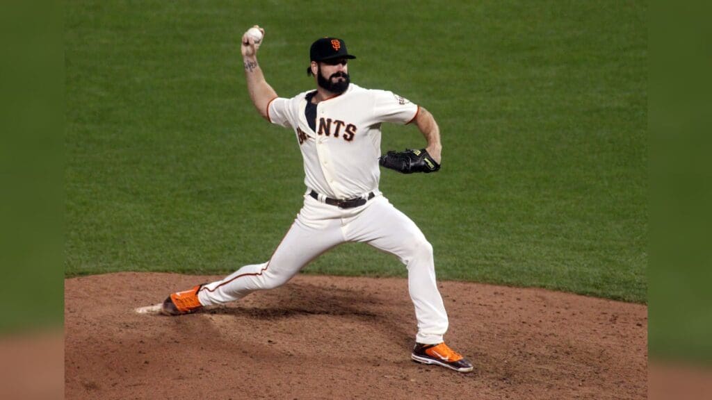 Oct 27, 2010; San Francisco, CA, USA; San Francisco Giants relief pitcher Brian Wilson throws a pitch during the ninth inning in game one of the 2010 World Series against the Texas Rangers at AT&T Park.