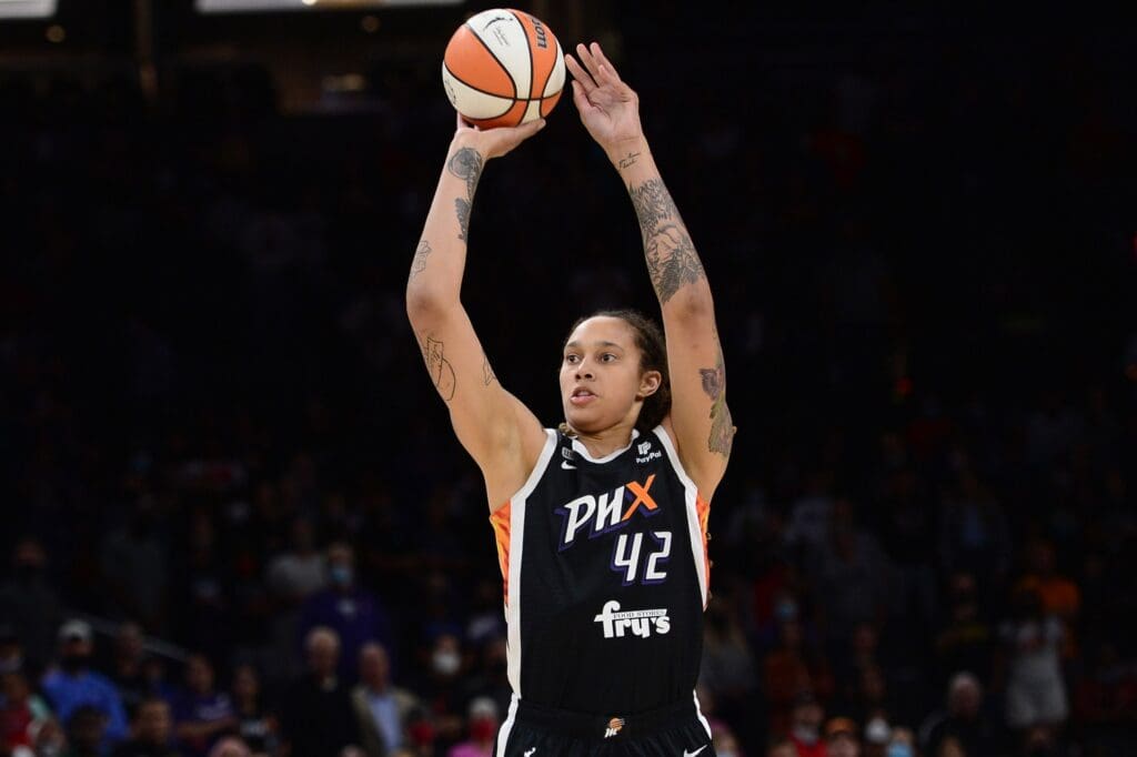 Oct 13, 2021; Phoenix, Arizona, USA; Phoenix Mercury center Brittney Griner (42) shoots against the Chicago Sky during the first half of game two of the 2021 WNBA Finals at Footprint Center.