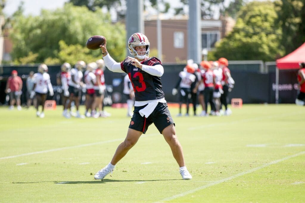 Jun 11, 2025; Santa Clara, CA, USA; San Francisco 49ers quarterback Brock Purdy (13) throws a pass during a team OTA at Levi's Stadium.