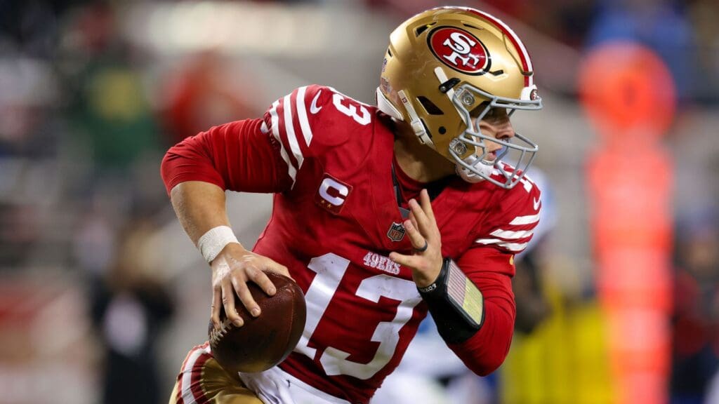 Dec 30, 2024; Santa Clara, California, USA; San Francisco 49ers quarterback Brock Purdy (13) during the game against the Detroit Lions at Levi's Stadium.
