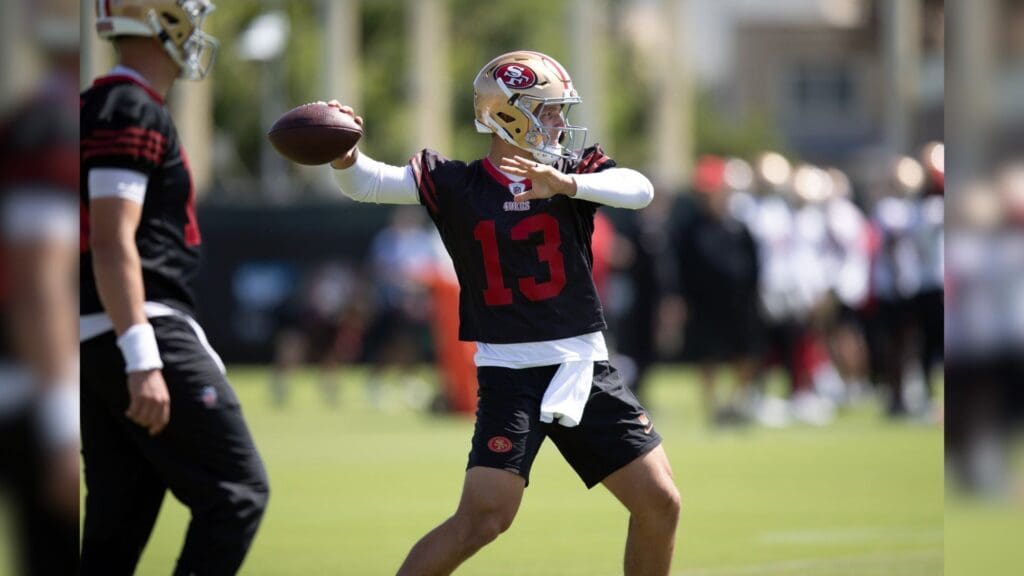 Jun 11, 2025; Santa Clara, CA, USA; San Francisco 49ers quarterback Brock Purdy (13) throws a pass during a team OTA at Levi's Stadium.
