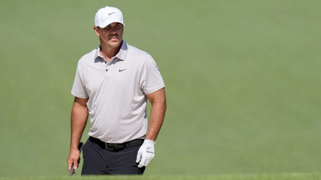 Apr 11, 2025; Augusta, Georgia, USA; Brooks Koepka approaches the no. 7 green during the second round of the Masters Tournament at Augusta National Golf Club.