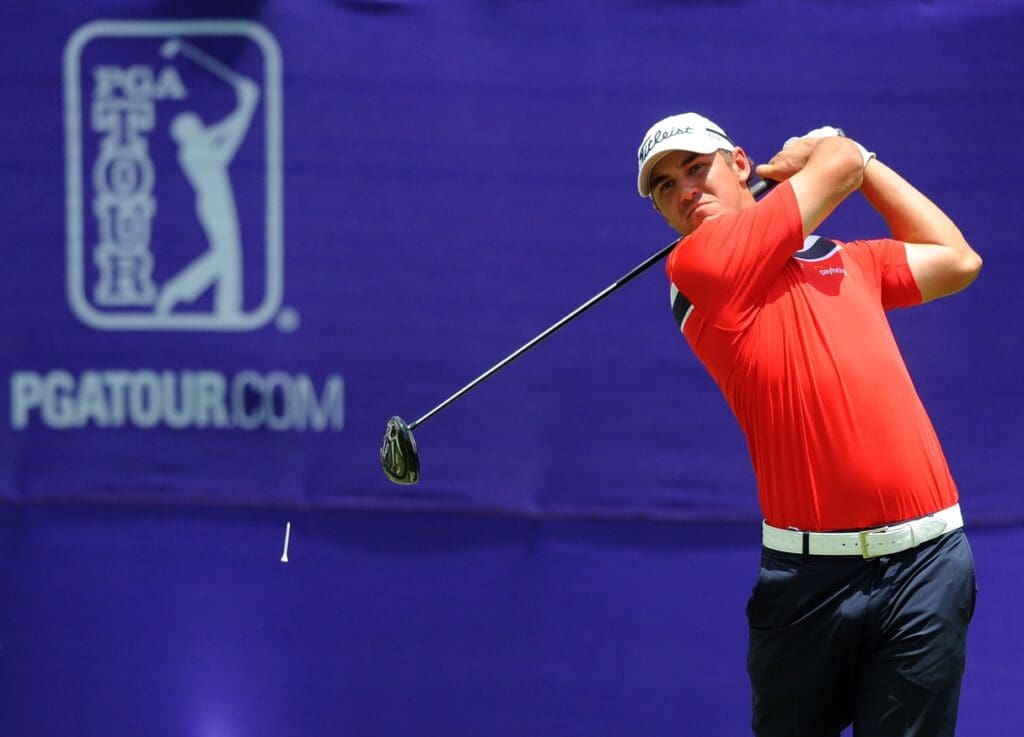 Jun 14, 2015; Memphis, TN, USA; Brooks Koepka hits his tee shot on the 1st hole during the final round of the FedEx St. Jude Classic at TPC Southwind.