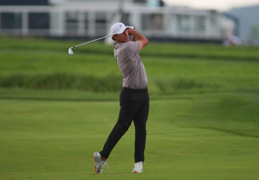 Brooks Koepka watches his shot while on the 18th fairway during the 125TH US Open at Oakmont Country Club in Oakmont, PA on June 15, 2025.