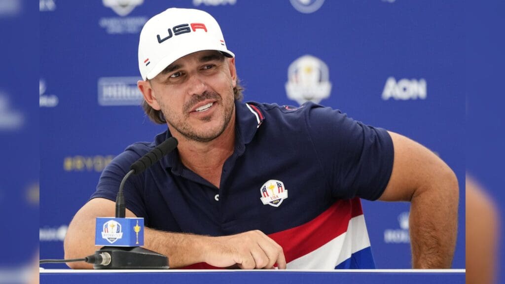 Sep 27, 2023; Rome, ITA; Team USA golfer Brooks Koepka speaks during a press conference for the Ryder Cup golf competition at Marco Simone Golf and Country Club.