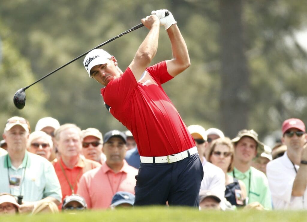 Apr 9, 2015; Augusta, GA, USA; Brooks Koepka hits his tee shot on the 1st hole during the first round of The Masters golf tournament at Augusta National Golf Club.
