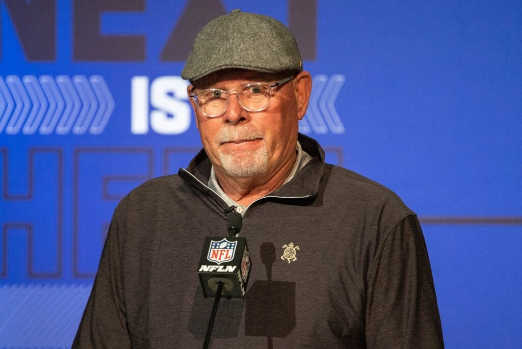 Mar 1, 2022; Indianapolis, IN, USA; Tampa Bay Buccaneers head coach Bruce Arians talks to the media during the 2022 NFL Combine