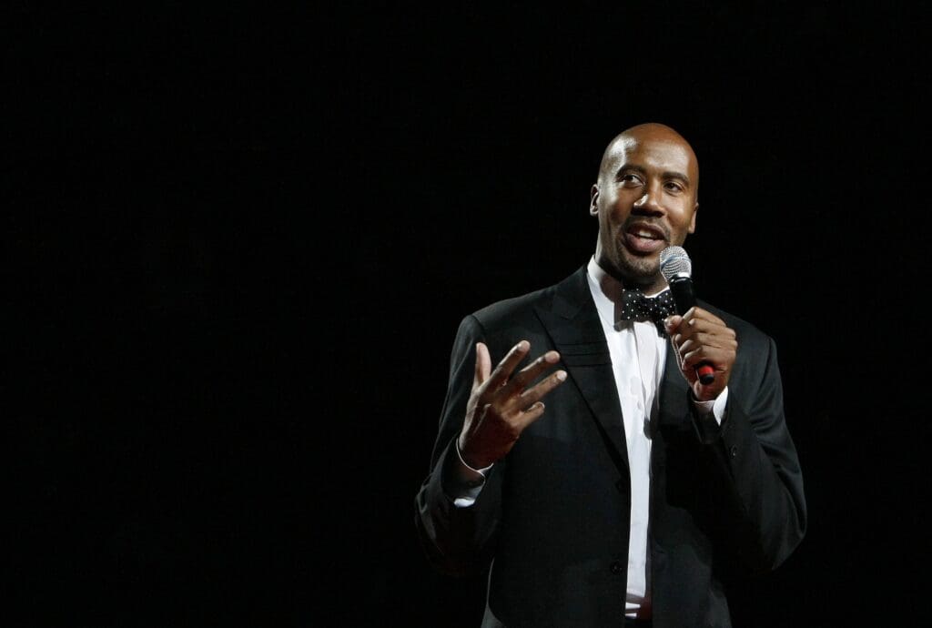 Mar 21, 2012; San Antonio, TX, USA; San Antonio Spurs former player Bruce Bowen speaks to the crowd during a retirement ceremony at the AT&T Center.