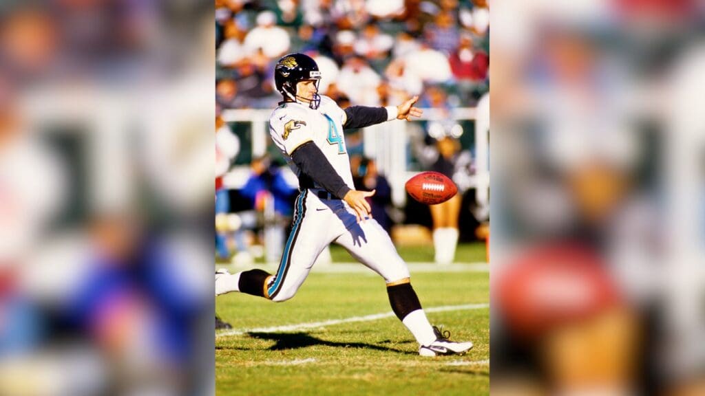 Dec 21, 1997; Oakland, CA, USA; FILE PHOTO; Jacksonville Jaguars punter Bryan Barker (4) in action against the Oakland Raiders at Oakland-Alameda County Coliseum.