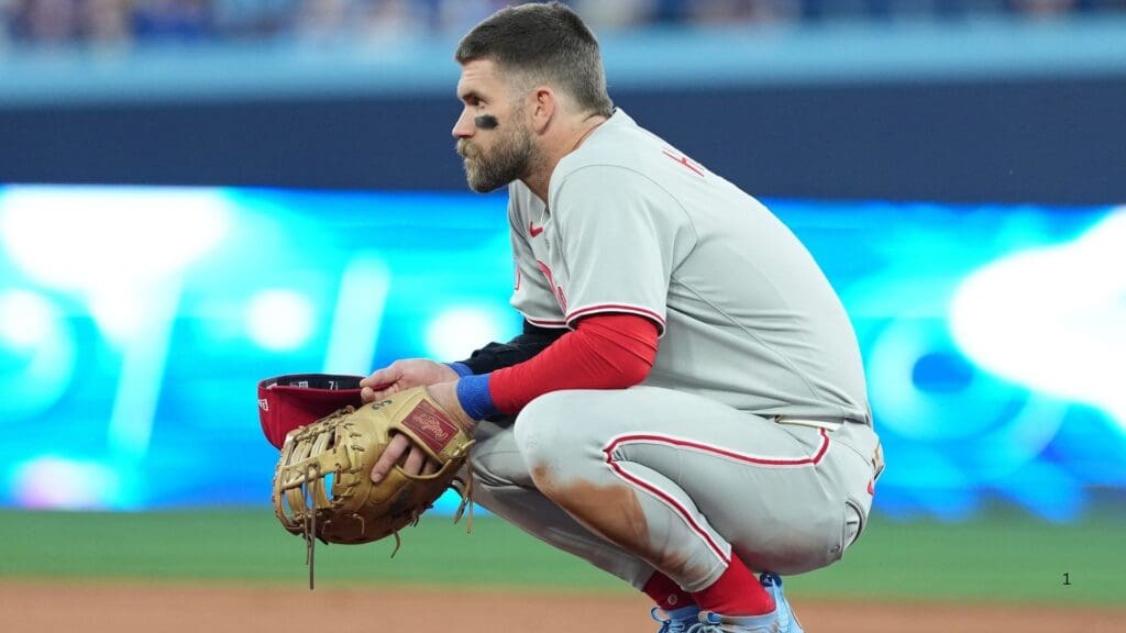 Jun 3, 2025; Toronto, Ontario, CAN; Philadelphia Phillies first baseman Bryce Harper (3) waits for the play to begin against the Toronto Blue Jays during the fifth inning at Rogers Centre.