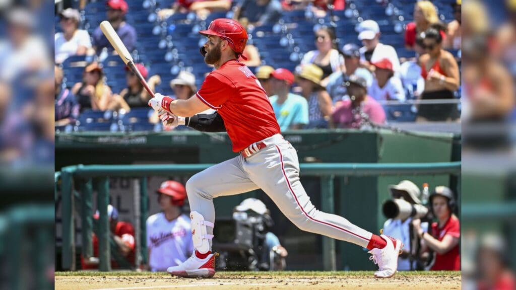 Jun 17, 2022; Washington, District of Columbia, USA; Philadelphia Phillies designated hitter Bryce Harper (3) hits a single against the Washington Nationals during the third inning at Nationals Park.