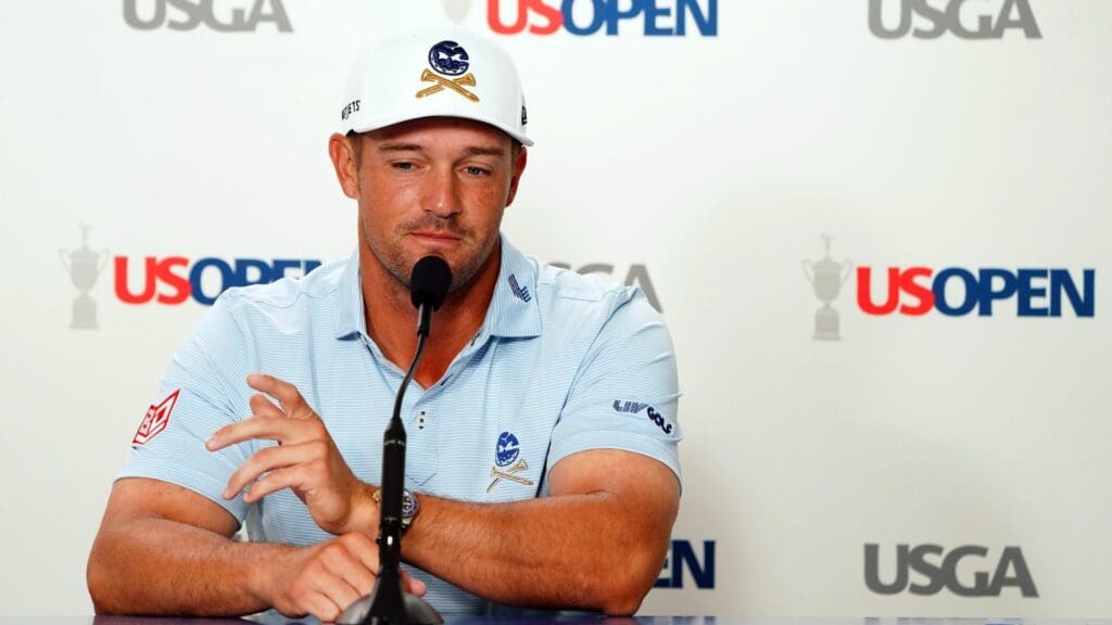Jun 11, 2024; Pinehurst, North Carolina, USA; Bryson DeChambeau speaks to the media during a press conference at the U.S. Open golf tournament at Pinehurst No. 2.