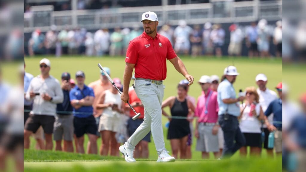Jun 12, 2025; Oakmont, Pennsylvania, USA; Bryson DeChambeau walks the green on the 16th hole during the first round of the U.S. Open golf tournament.