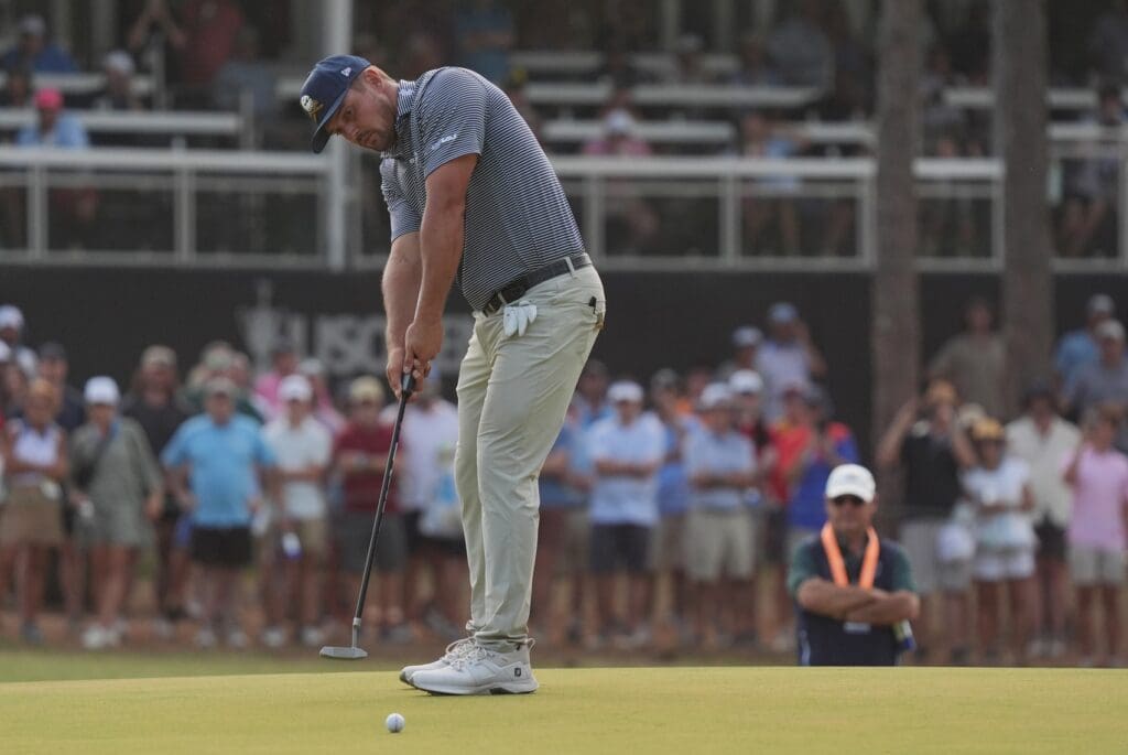 Jun 16, 2024; Pinehurst, North Carolina, USA; Bryson DeChambeau putts on the fifteenth green during the final round of the U.S. Open golf tournament
