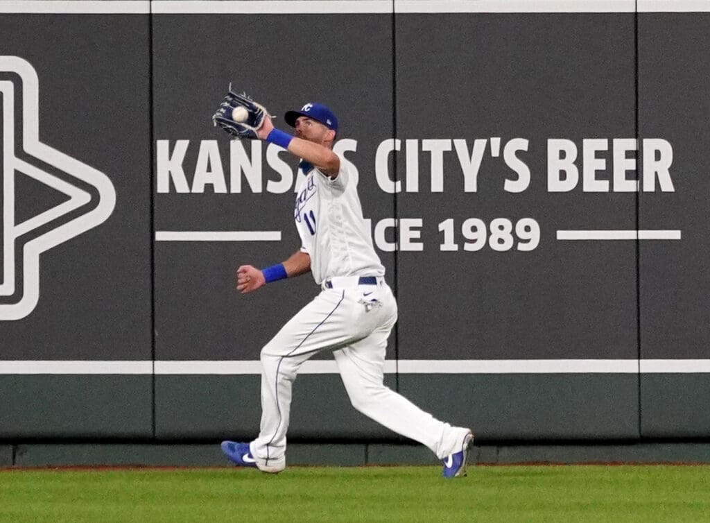 Sep 5, 2020; Kansas City, Missouri, USA; Kansas City Royals center fielder Bubba Starling (11) fields a fly ball in the fifth inning against theChicago White Sox at Kauffman Stadium.