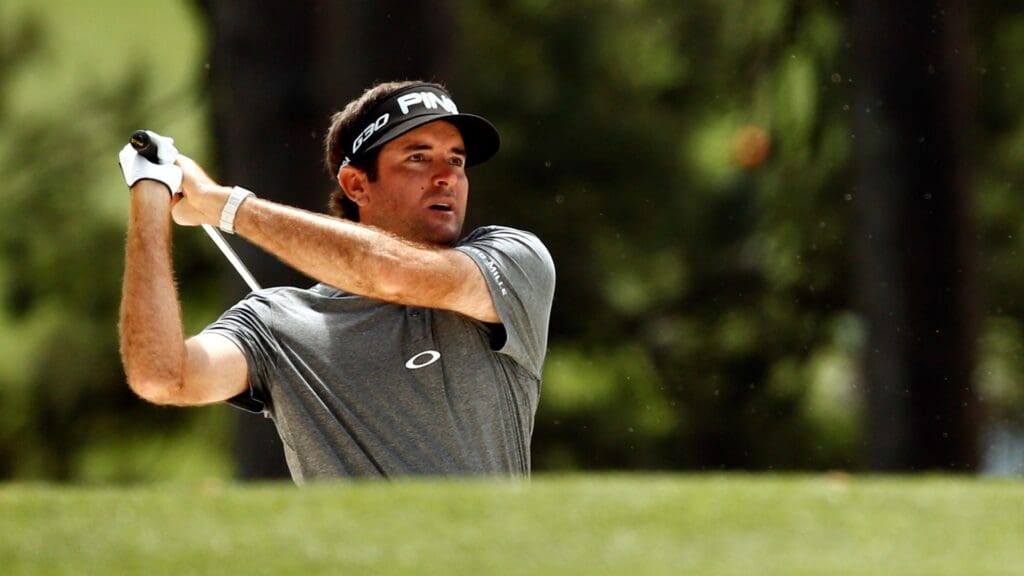 Apr 11, 2015; Augusta, GA, USA; Bubba Watson hits out of a bunker on the 1st hole during the third round of The Masters golf tournament at Augusta National Golf Club.