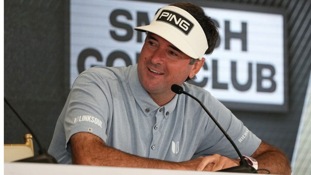 Oct 26, 2022; Miami, Florida, USA; Bubba Watson speaks during a press conference before the LIV Golf series at Trump National Doral.