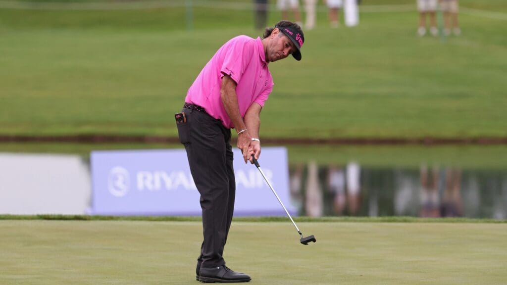 Bubba Watson of team RangeGoats GC putts on the fourth hole during the final round of the LIV Golf Virginia golf tournament at Robert Trent Jones Golf Club.