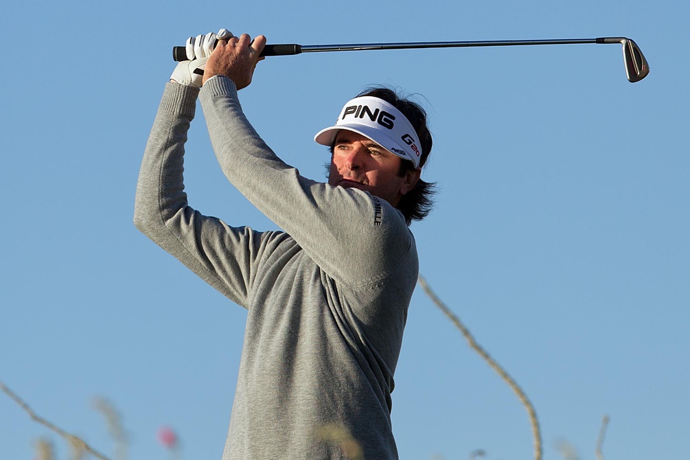 Feb 21, 2012; Marana, AZ, USA; Bubba Watson after hitting his tee shot on the sixth during the practice round of the WGC Accenture Match Play Championship at Ritz-Carlton GC.