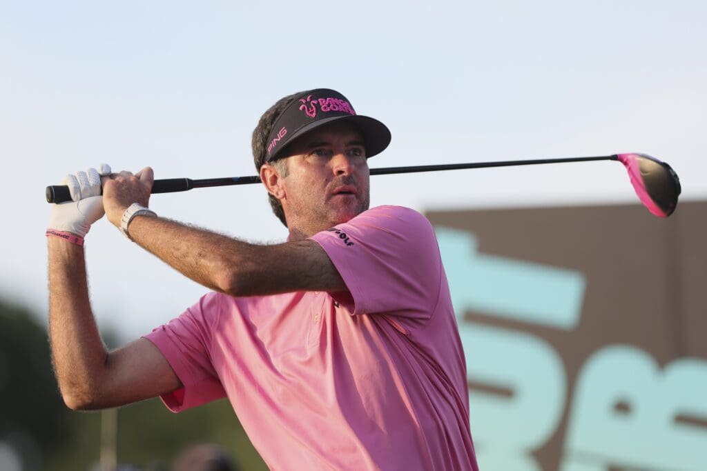 Oct 22, 2023; Doral, Florida, USA; Bubba Watson plays his shot from the 18th tee during the final round of the LIV Golf Miami golf tournament at Trump National Doral.