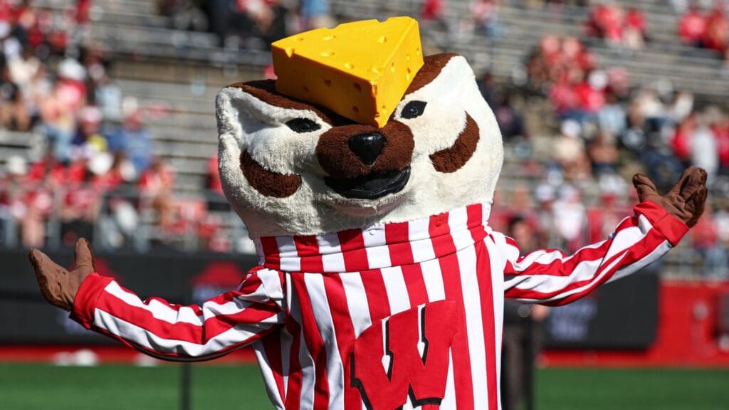 Wisconsin Badgers mascot, Bucky Badger, wears a chess head hat during the second half against the Rutgers Scarlet Knights at SHI Stadium