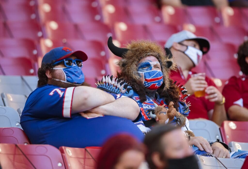 Nov 15, 2020; Glendale, Arizona, USA; Buffalo Bills fans in the crowd against the Arizona Cardinals at State Farm Stadium.