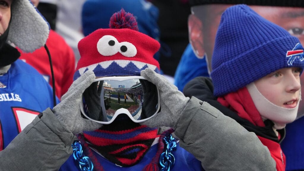 Jan 15, 2024; Orchard Park, New York, USA; Buffalo Bills fan poses for a photo before the the game against the Pittsburgh Steelers in a 2024 AFC wild card game at Highmark Stadium.