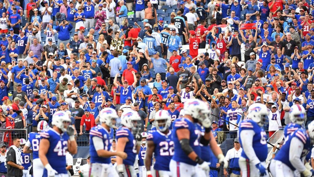 Oct 6, 2019; Nashville, TN, USA; Buffalo Bills fans celebrate as Buffalo Bills quarterback Josh Allen (17) lines up in the victory formation in the fourth quarter against the Tennessee Titans at Nissan Stadium.