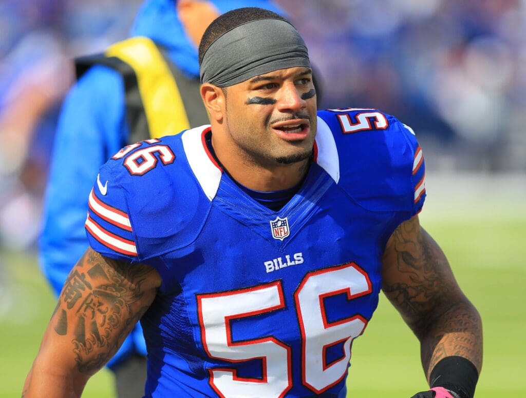 Oct 21, 2012; Orchard Park, NY, USA; Buffalo Bills linebacker Shawne Merriman (56) on the sideline during the game against the Tennessee Titans at Ralph Wilson Stadium. Titans beat the Bills 35-34.