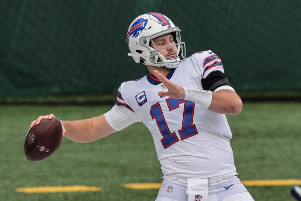 Oct 25, 2020; East Rutherford, New Jersey, USA; Buffalo Bills quarterback Josh Allen (17) throws the ball before his game against the New York Jets at MetLife Stadium.