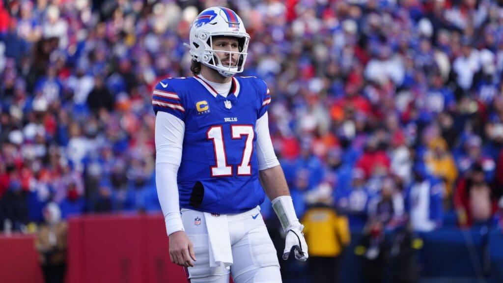 Jan 12, 2025; Orchard Park, New York, USA; Buffalo Bills quarterback Josh Allen (17) stands on the field during a pause in play during the third quarter against the Denver Broncos in an AFC wild card game at Highmark Stadium