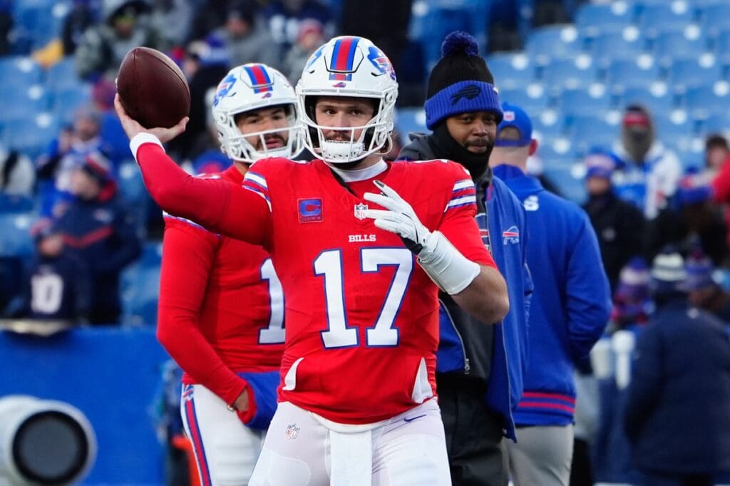 Dec 22, 2024; Orchard Park, New York, USA; Buffalo Bills quarterback Josh Allen (17) warms up prior to the game against the New England Patriots at Highmark Stadium.