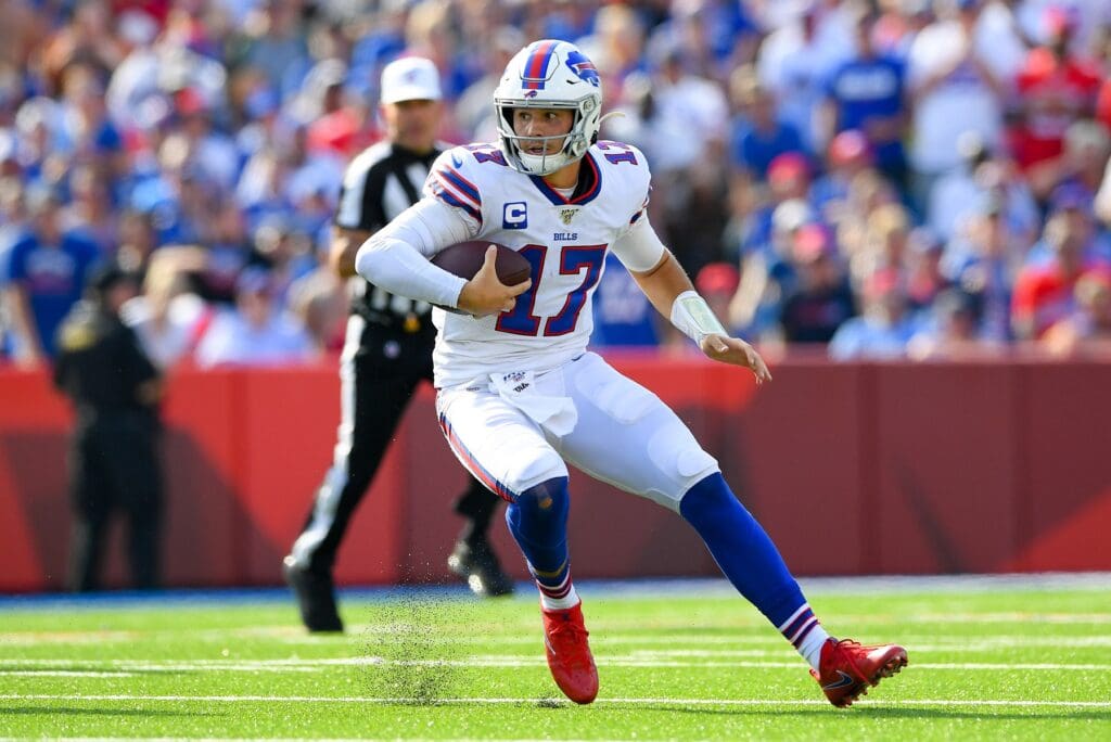 Sep 22, 2019; Orchard Park, NY, USA; Buffalo Bills quarterback Josh Allen (17) runs with the ball against the Cincinnati Bengals during the fourth quarter at New Era Field.