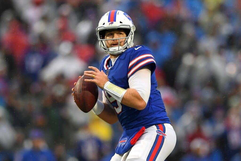 Dec 29, 2019; Orchard Park, New York, USA; Buffalo Bills quarterback Matt Barkley (5) drops back to pass against the New York Jets during the third quarter at New Era Field.
