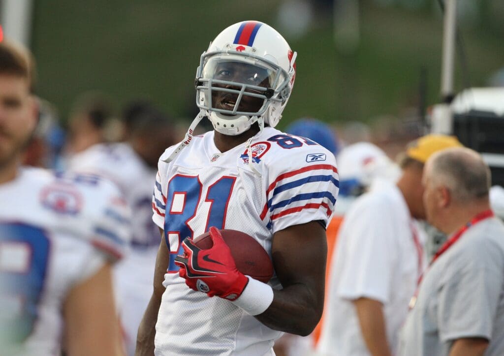 Aug 9, 2009; Canton, OH, USA; Buffalo Bills receiver Terrell Owens (81) on the sidelines against the Tennessee Titans during the 2009 Pro Football Hall of Fame game at Fawcett Stadium.