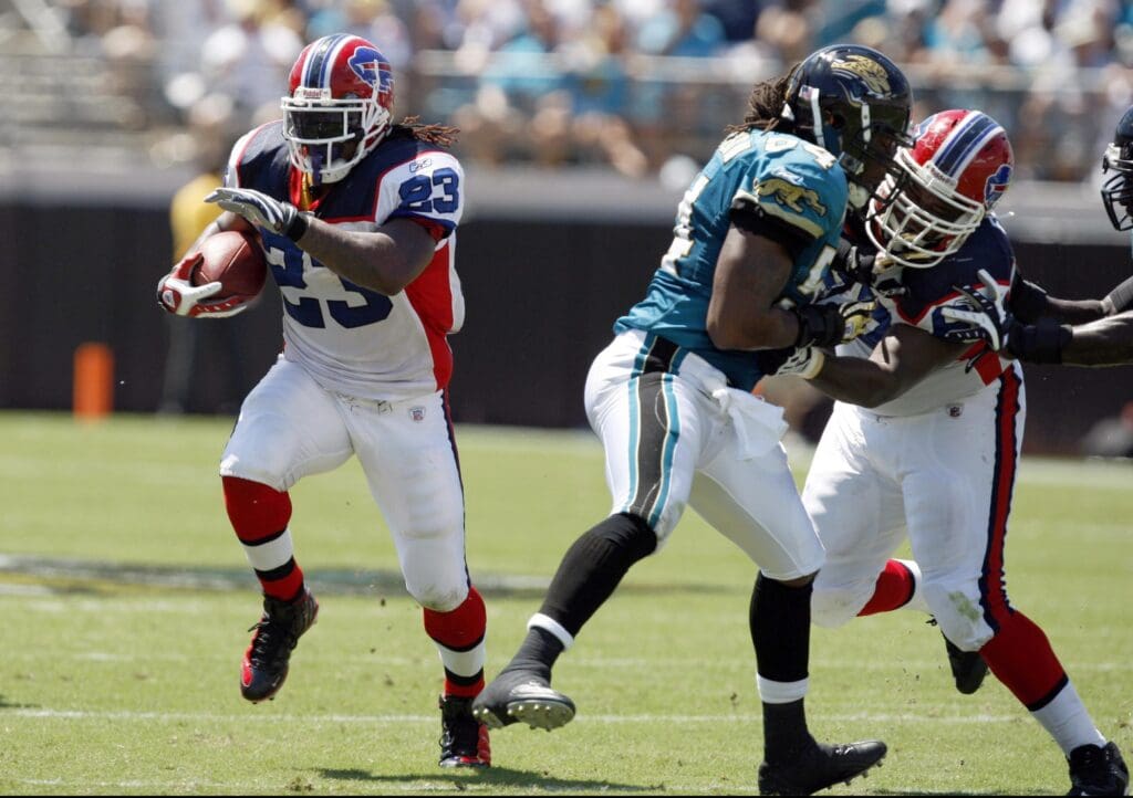 September 14, 2008; Jacksonville, FL, USA; Buffalo Bills running back Marshawn Lynch (23) runs with the ball against the Jacksonville Jaguars in the first half at Jacksonville Municipal Stadium. The Bills defeated the Jaguars 20-16.