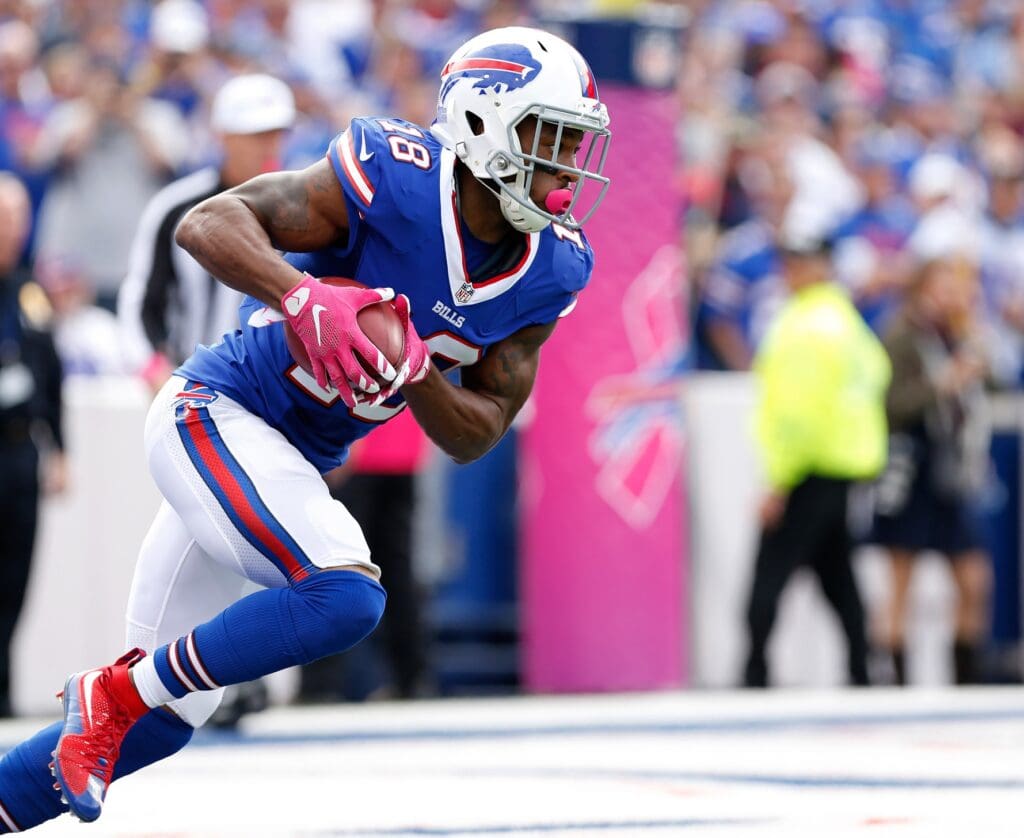 Oct 4, 2015; Orchard Park, NY, USA; Buffalo Bills wide receiver Percy Harvin (18) during the game against the New York Giants at Ralph Wilson Stadium.