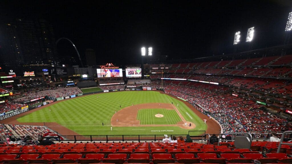 Apr 1, 2025; St. Louis, Missouri, USA; A general view of Busch Stadium during the sixth inning of a game between the St. Louis Cardinals and the Los Angeles Angels.